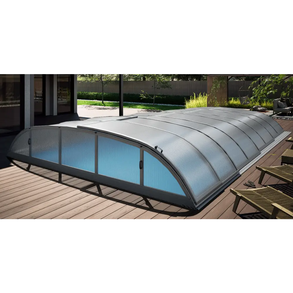 Pooltak Dallas 4×8 med silverram, genomskinlig böjd pooltäckning